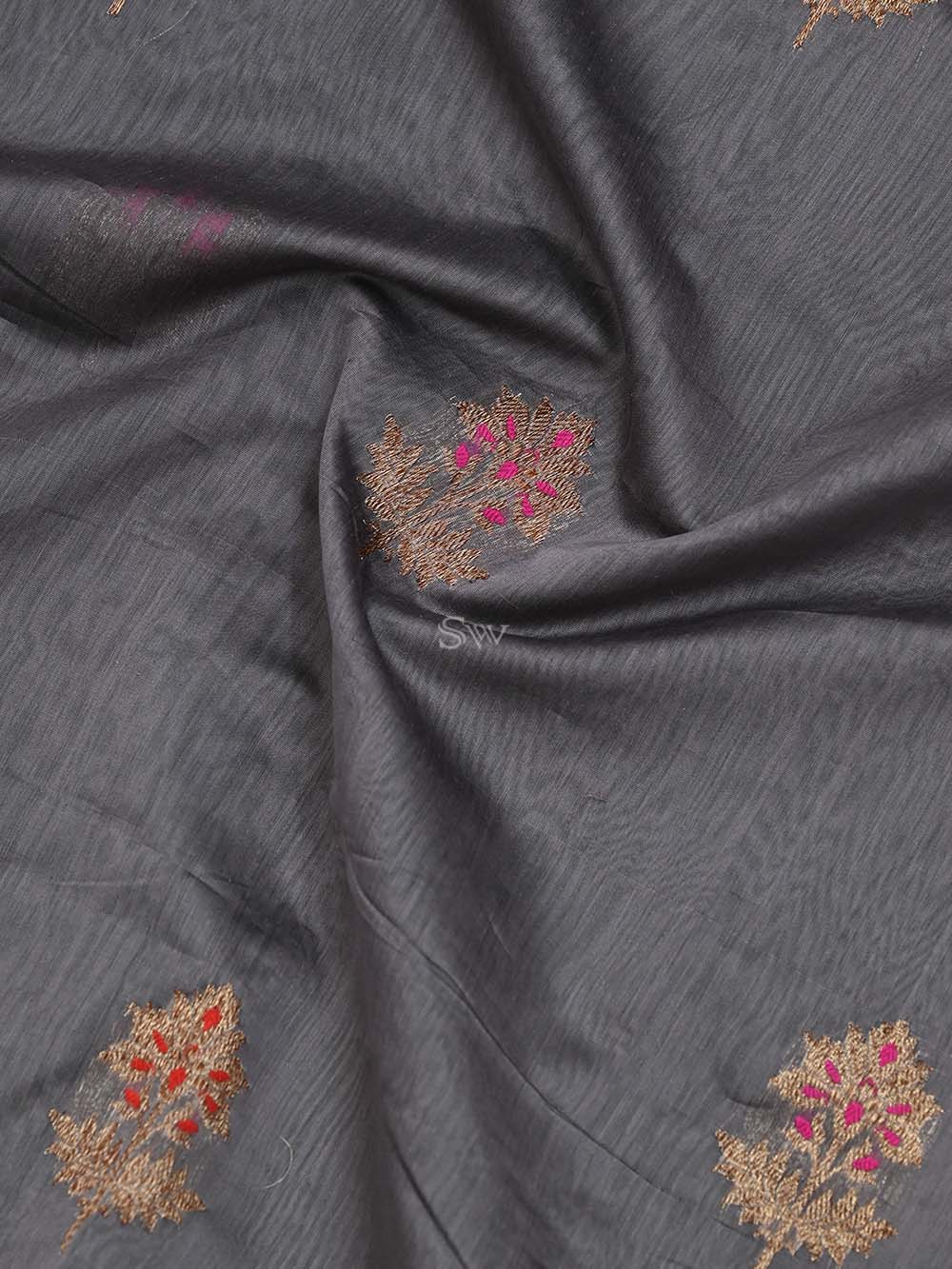 Dark Grey Boota Chanderi Silk Handloom Banarasi Saree - Sacred Weaves