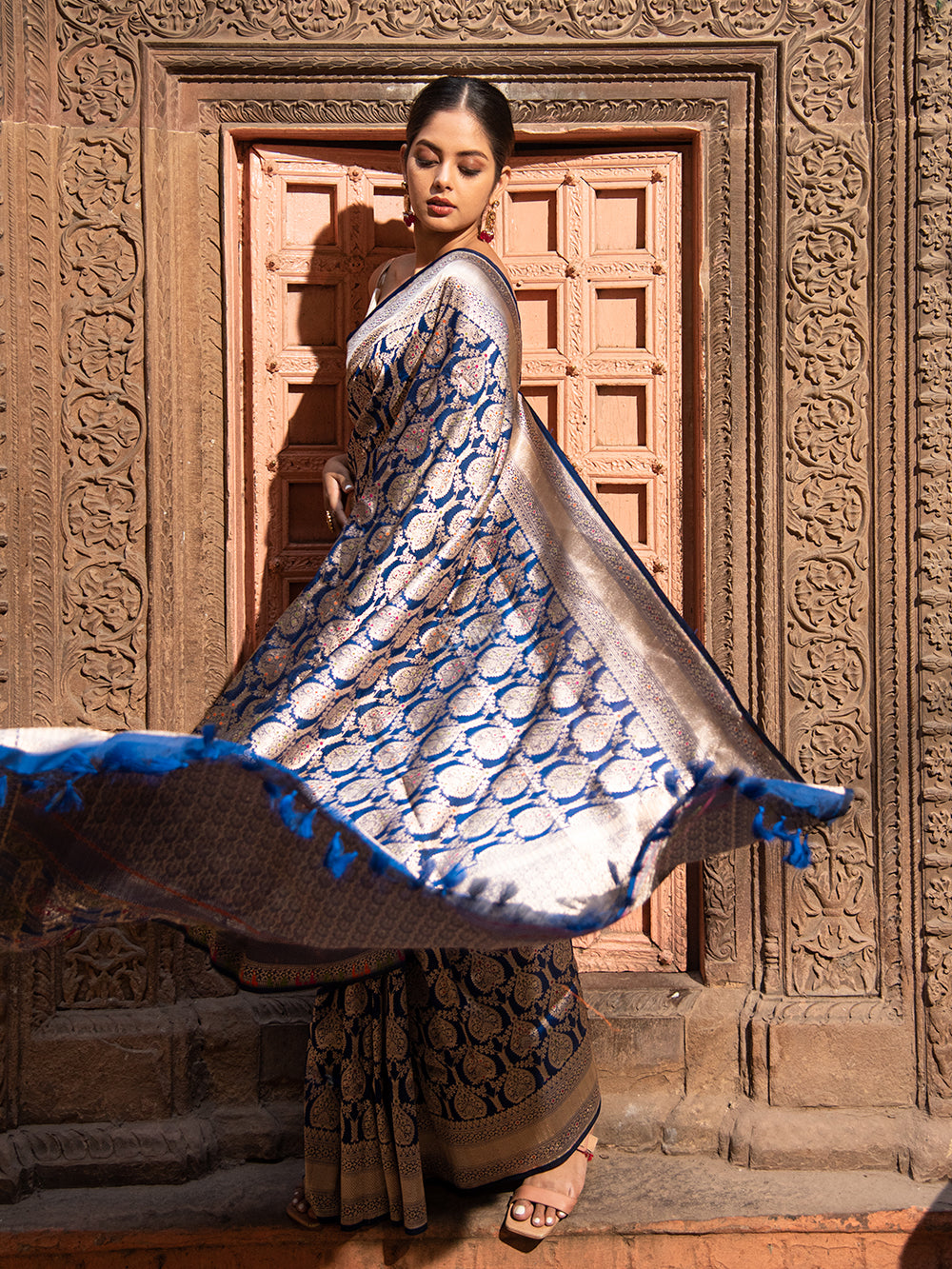 Midnight Blue Meenakari Uppada Katan Silk Handloom Banarasi Saree - Sacred Weaves