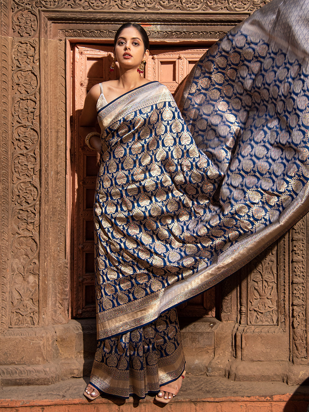 Midnight Blue Meenakari Uppada Katan Silk Handloom Banarasi Saree - Sacred Weaves