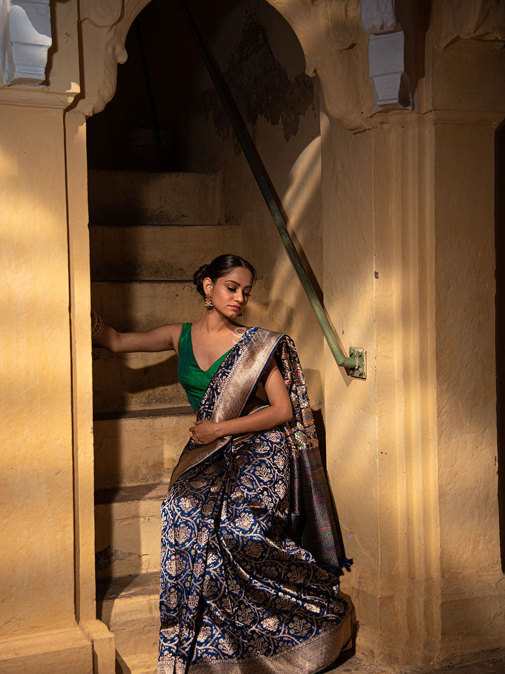 Blue Meenakari Uppada Katan Silk Handloom Banarasi Saree - Sacred Weaves