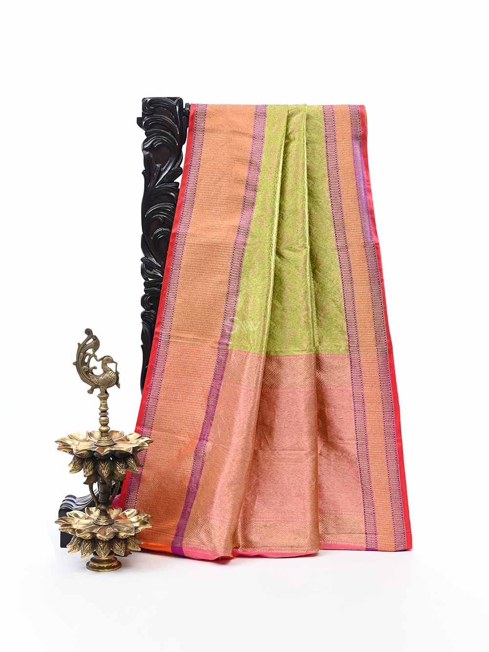 Parrot Green Katan Silk Shikargah Handloom Banarasi Saree - Sacred Weaves