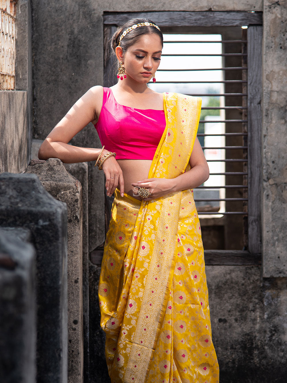 Yellow Meenakari Uppada Katan Silk Handloom Banarasi Saree