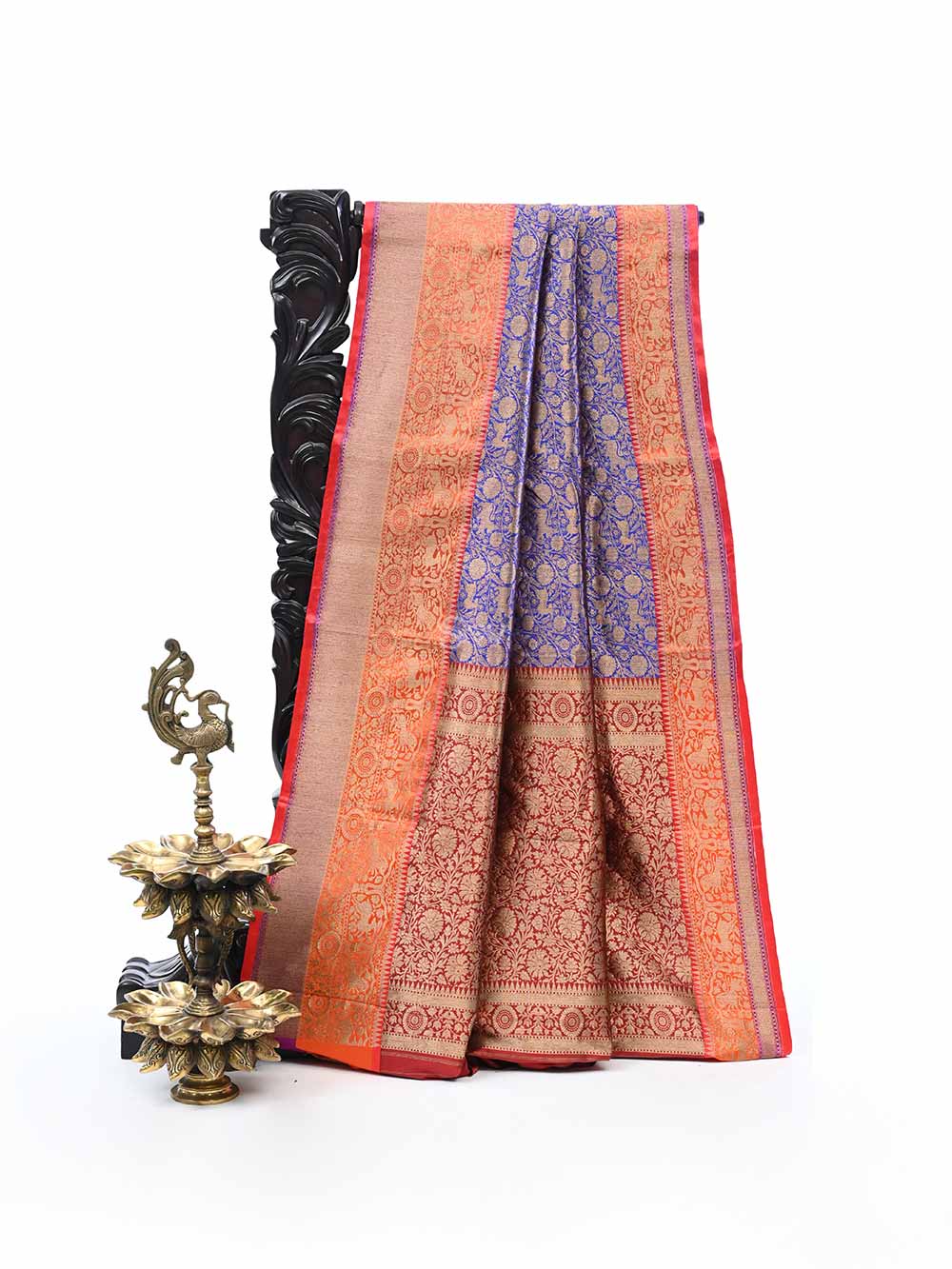 Blue Katan Silk Shikargah Handloom Banarasi Saree - Sacred Weaves