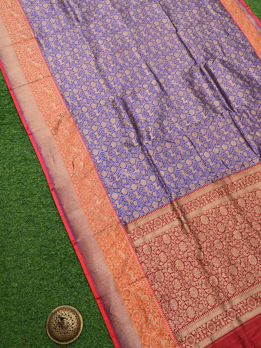 Blue Katan Silk Shikargah Handloom Banarasi Saree - Sacred Weaves