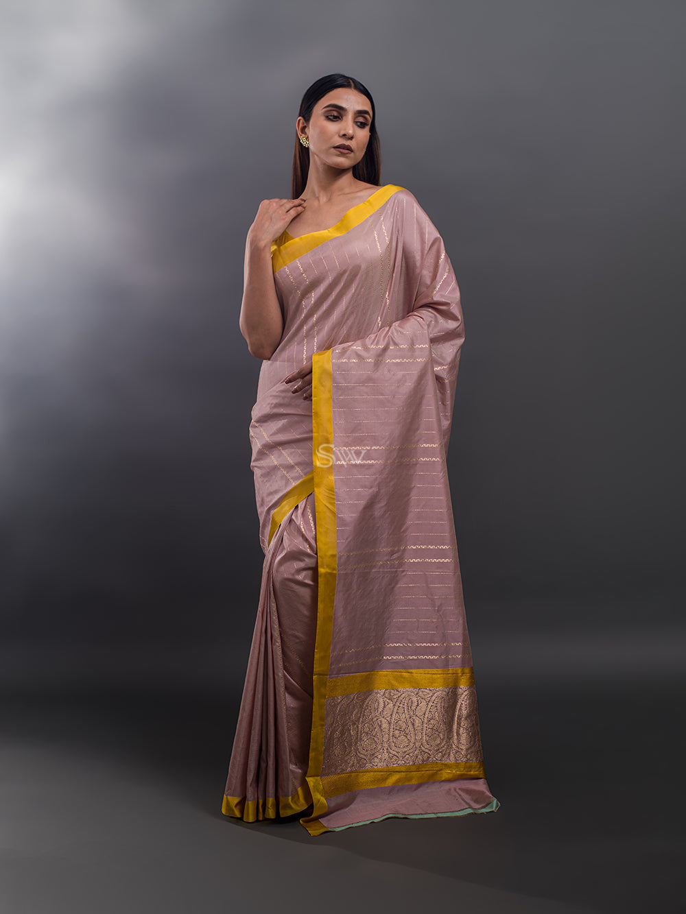 Dusty Mauve Stripe Katan Silk Handloom Banarasi Saree - Sacred Weaves