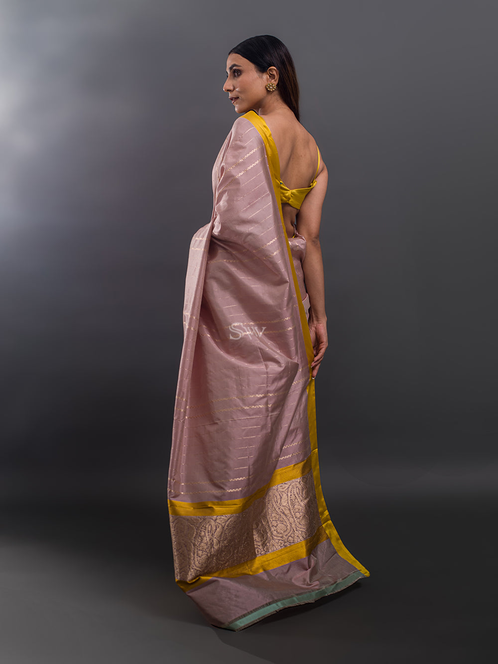 Dusty Mauve Stripe Katan Silk Handloom Banarasi Saree - Sacred Weaves