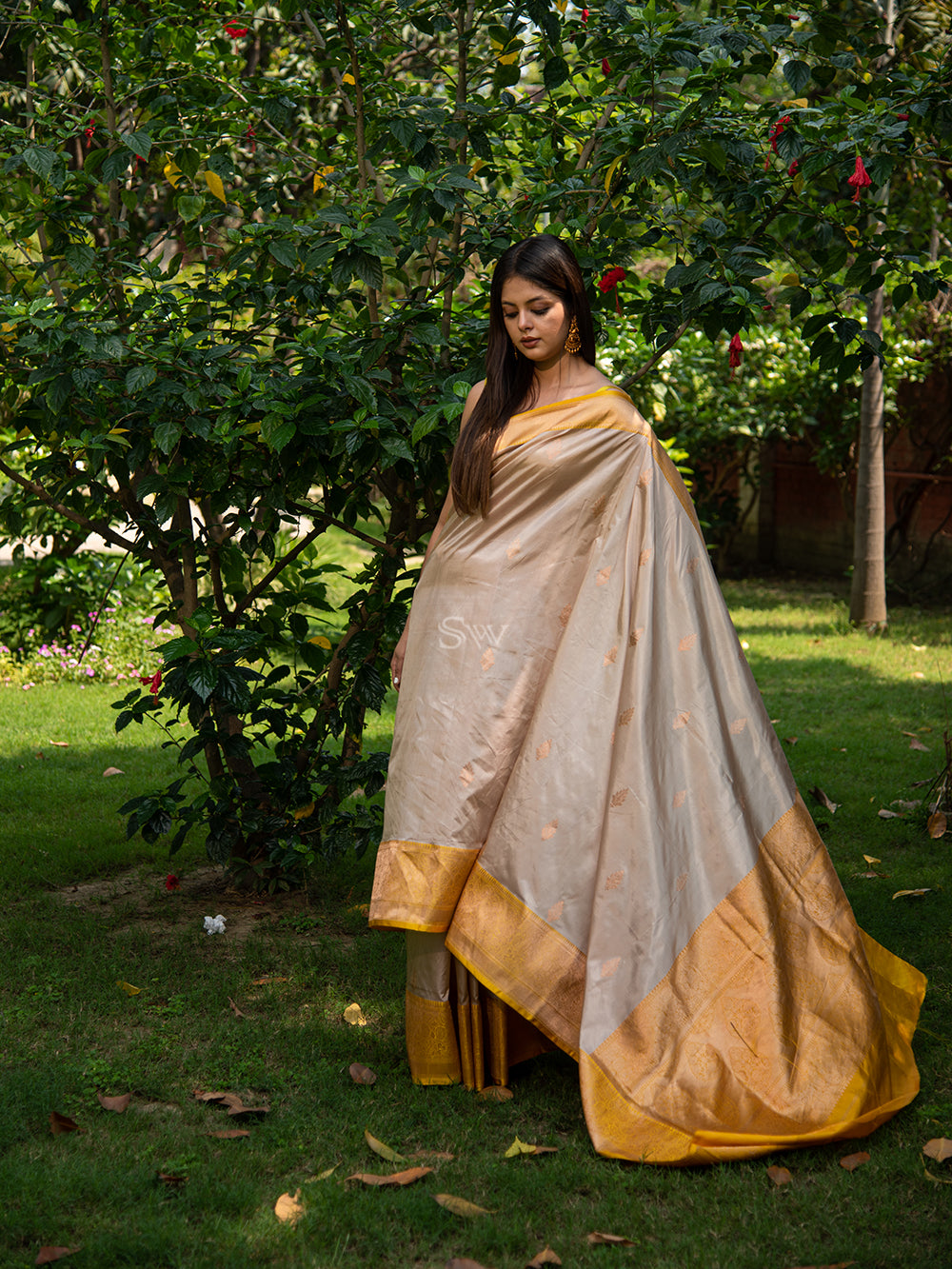 Light Beige Booti Katan Silk Handloom Banarasi Saree - Sacred Weaves