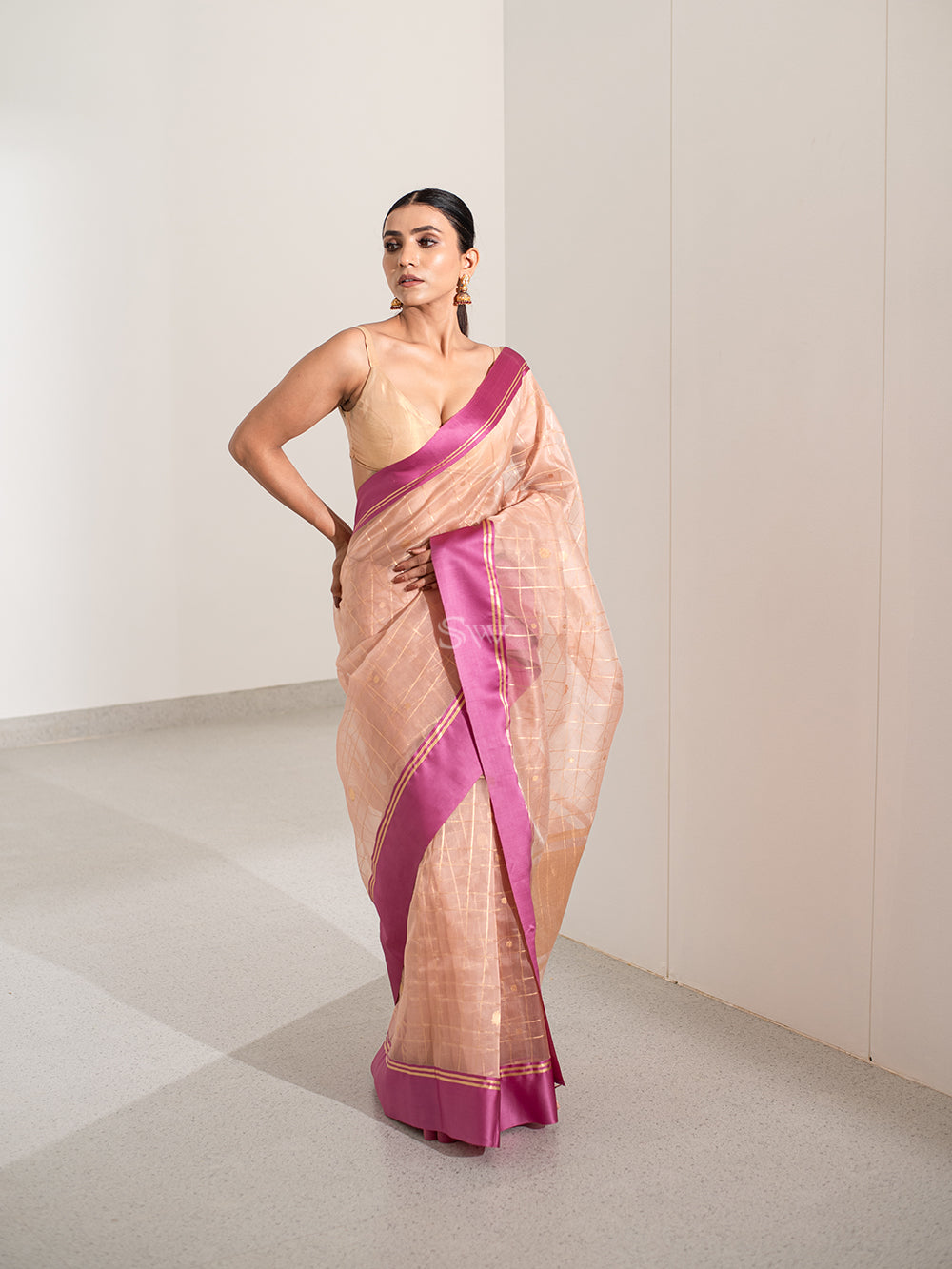 Pastel Peach Check Organza Handloom Banarasi Saree - Sacred Weaves