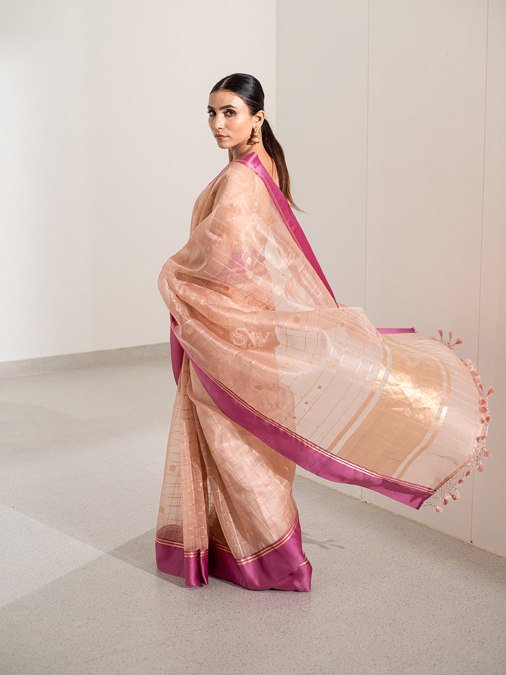 Pastel Peach Check Organza Handloom Banarasi Saree - Sacred Weaves