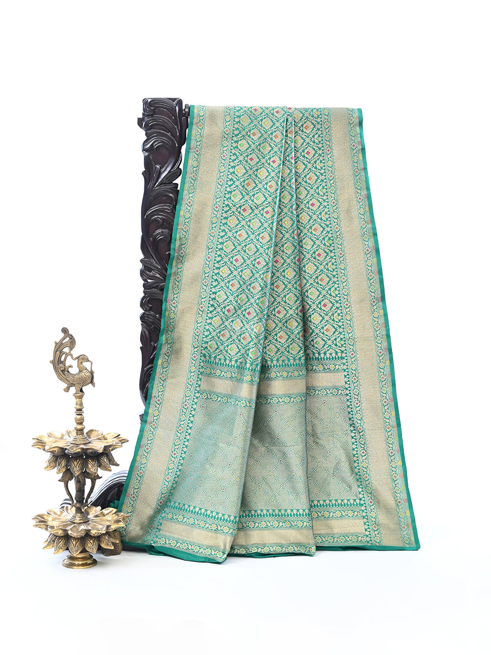 Bottle Green Katan Silk Brocade Handloom Banarasi Saree - Sacred Weaves