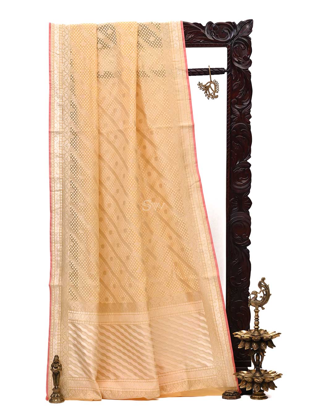 Yellow Stripe Cotton Silk Handloom Banarasi Saree - Sacred Weaves