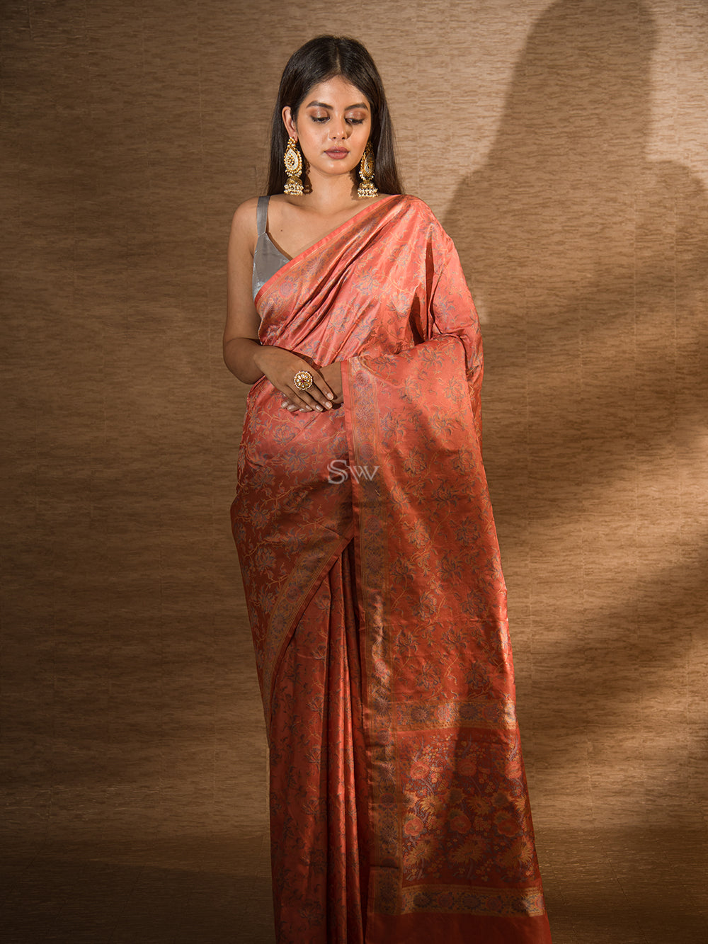 Coral Pink Tanchoi Silk Handloom Banarasi Saree - Sacred Weaves