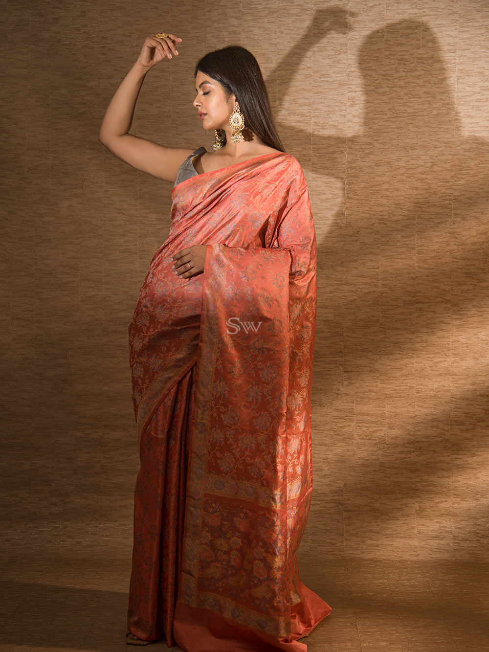 Coral Pink Tanchoi Silk Handloom Banarasi Saree - Sacred Weaves