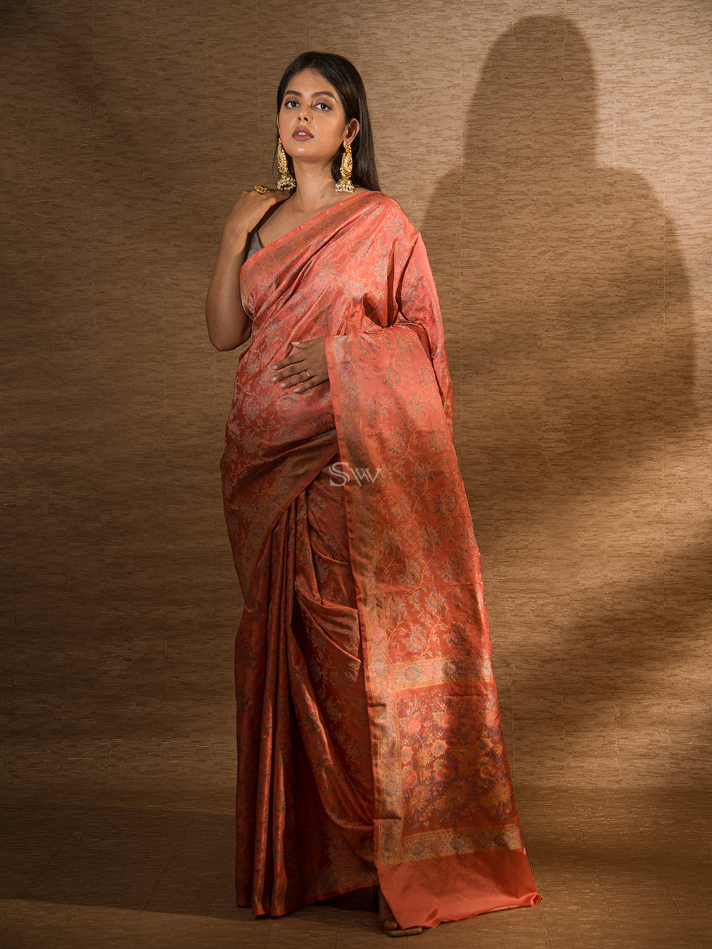 Coral Pink Tanchoi Silk Handloom Banarasi Saree - Sacred Weaves