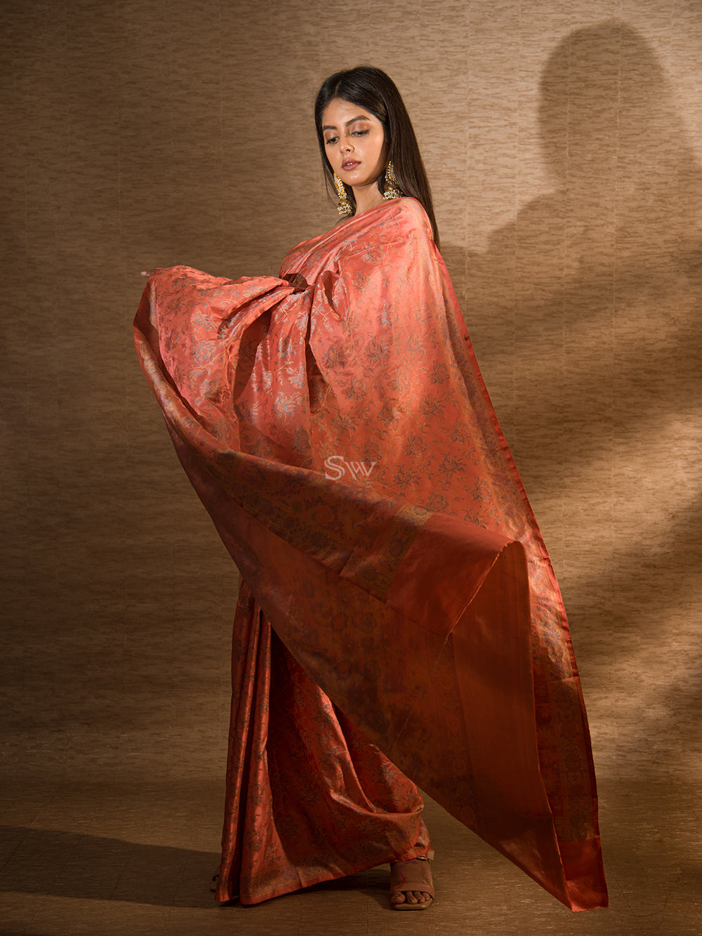 Coral Tissue Dharmavaram Silk Saree with Contrast Blouse -