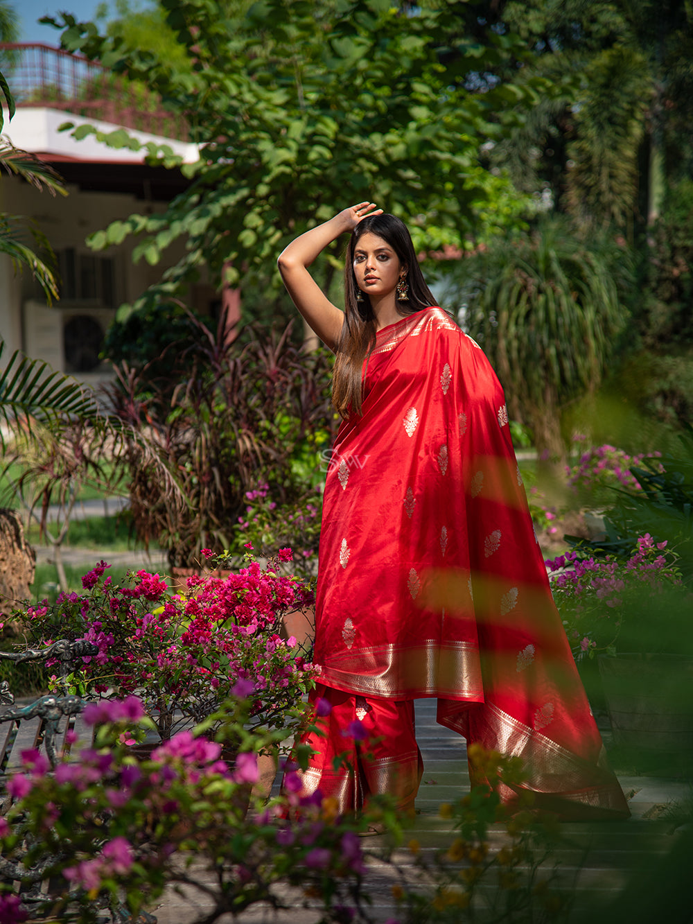 Red Boota Katan Silk Handloom Banarasi Saree - Sacred Weaves