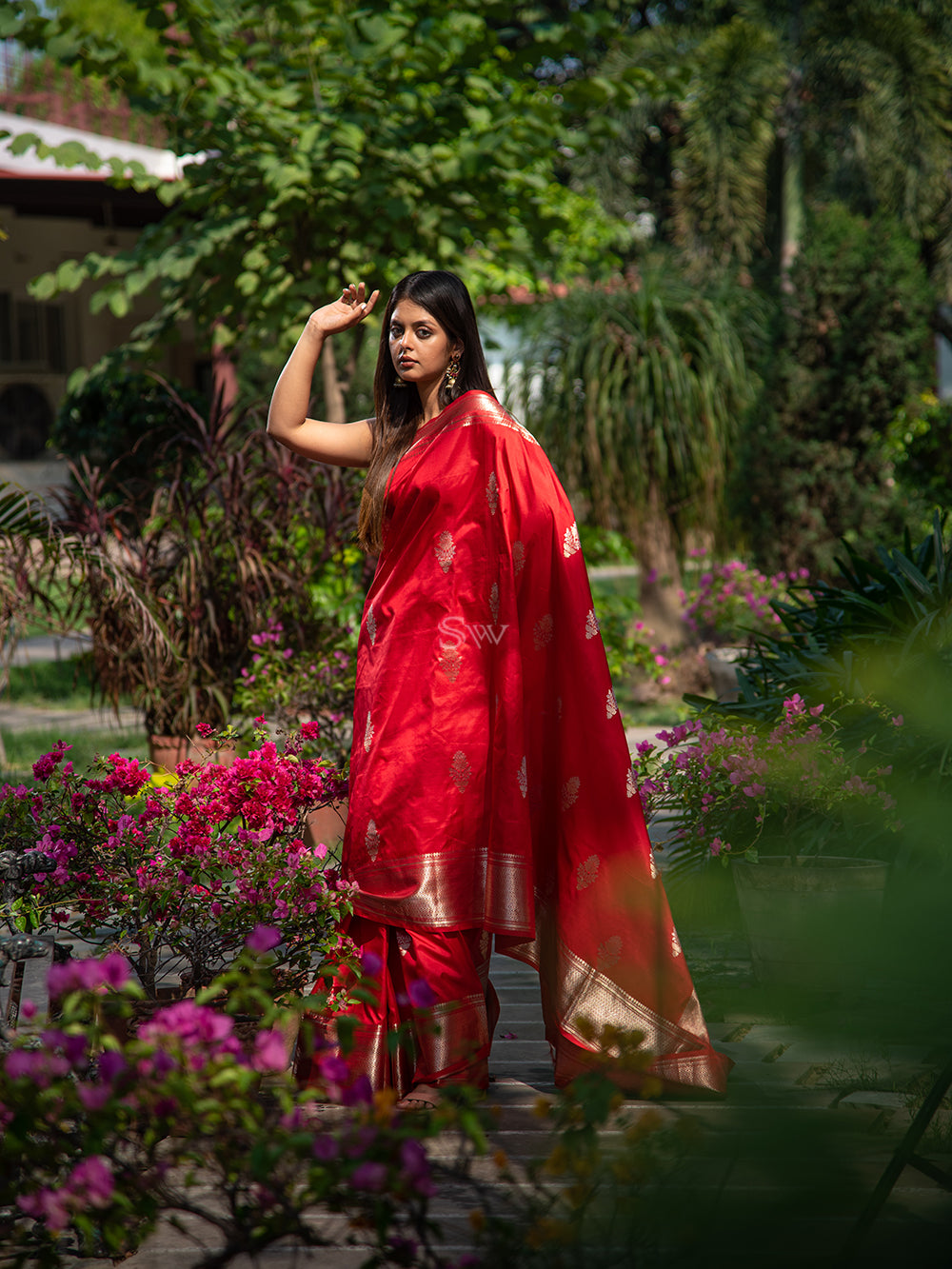 Red Boota Katan Silk Handloom Banarasi Saree - Sacred Weaves