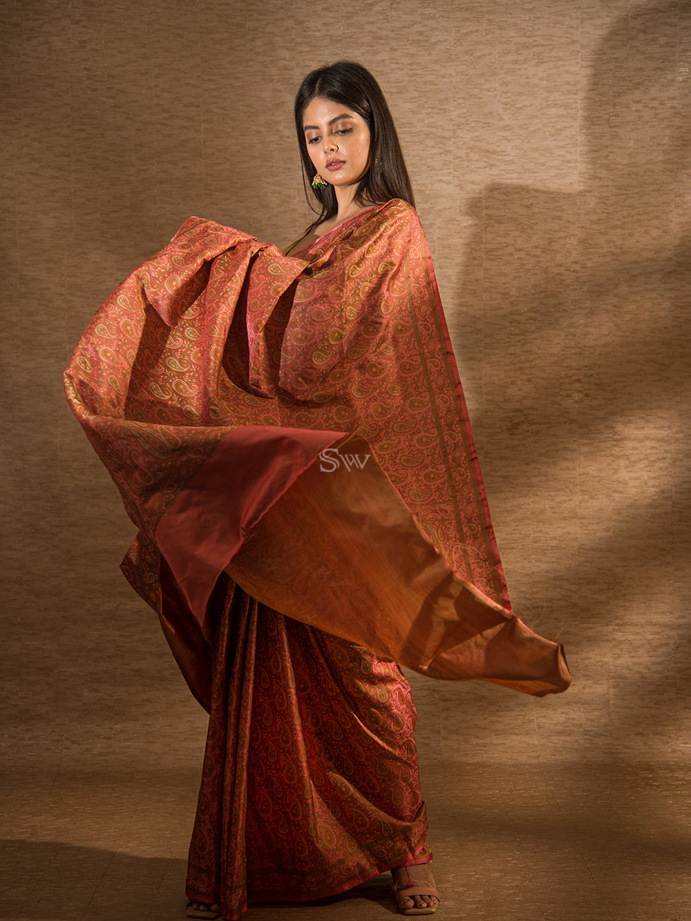 Coral Pink Tanchoi Silk Handloom Banarasi Saree - Sacred Weaves