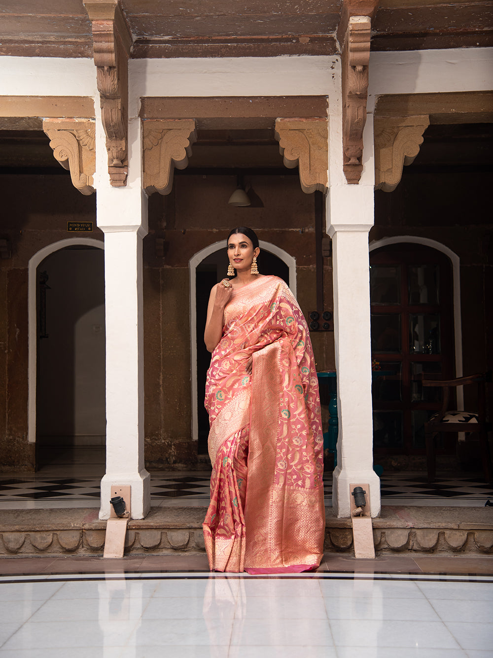 Peach Meenakari Katan Silk Handloom Banarasi Saree - Sacred Weaves