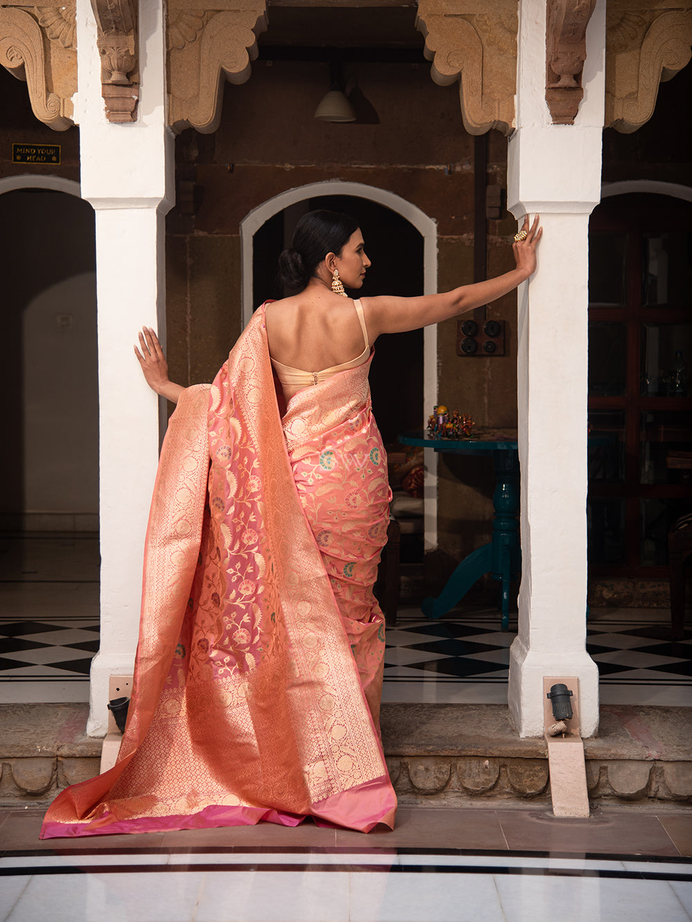 Peach Meenakari Katan Silk Handloom Banarasi Saree - Sacred Weaves