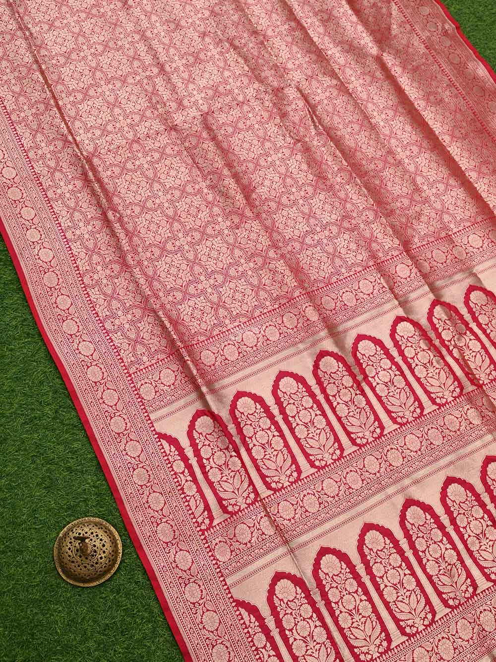 Pink Red Katan Silk Brocade Handloom Banarasi Saree - Sacred Weaves