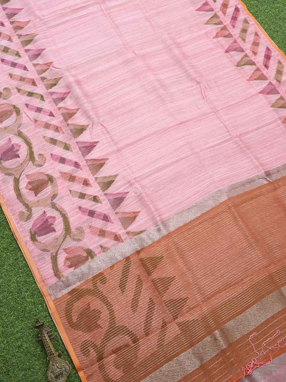 Pastel Pink Rangkat Linen Handloom Banarasi Saree - Sacred Weaves