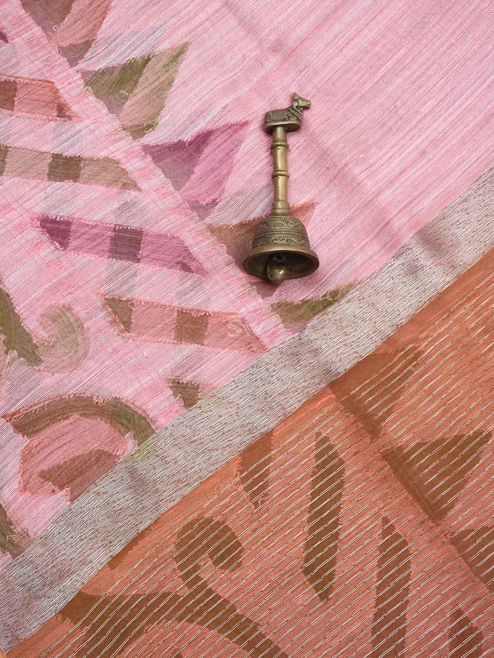Pastel Pink Rangkat Linen Handloom Banarasi Saree - Sacred Weaves