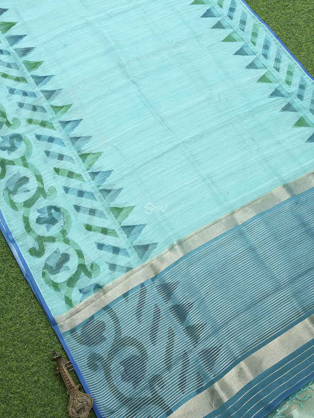 Sea Green Rangkat Linen Handloom Banarasi Saree - Sacred Weaves
