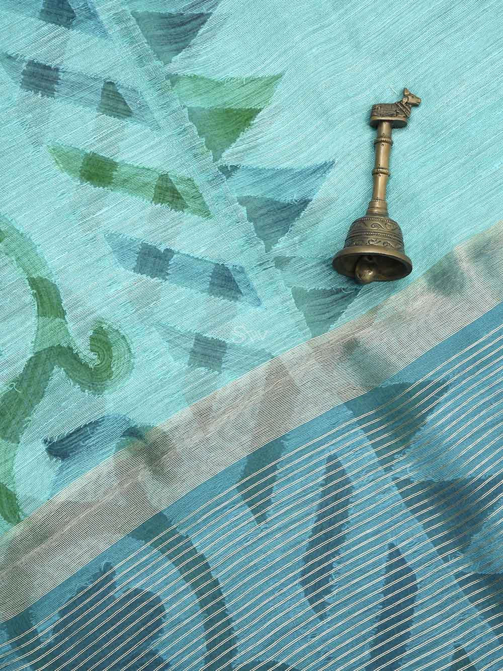 Sea Green Rangkat Linen Handloom Banarasi Saree - Sacred Weaves