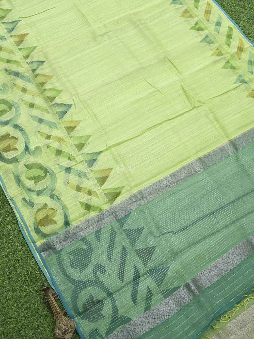 Light Green Rangkat Linen Handloom Banarasi Saree - Sacred Weaves