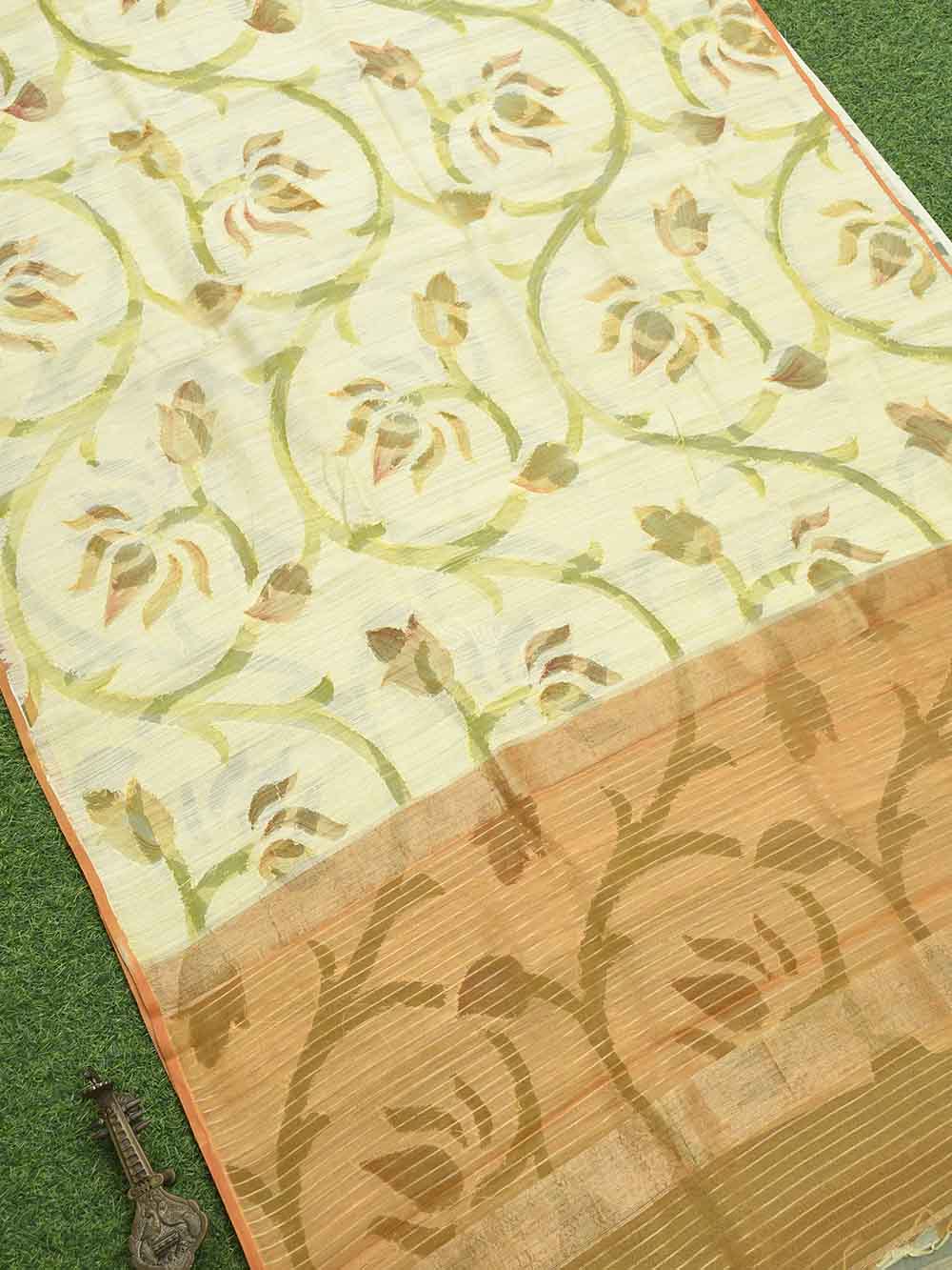 Pastel Yellow Rangkat Jaal Linen Handloom Banarasi Saree - Sacred Weaves
