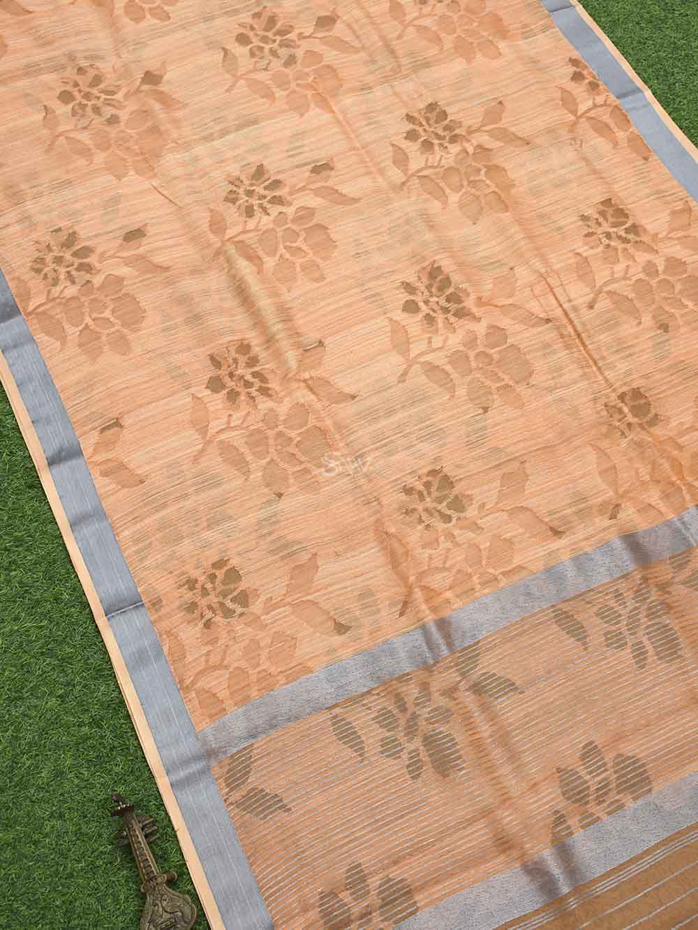 Orange Jaal Linen Handloom Banarasi Saree - Sacred Weaves