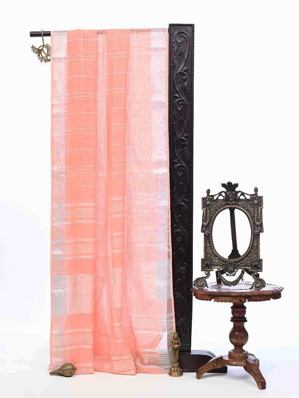 Coral Peach Linen Check Handloom Banarasi Saree - Sacred Weaves