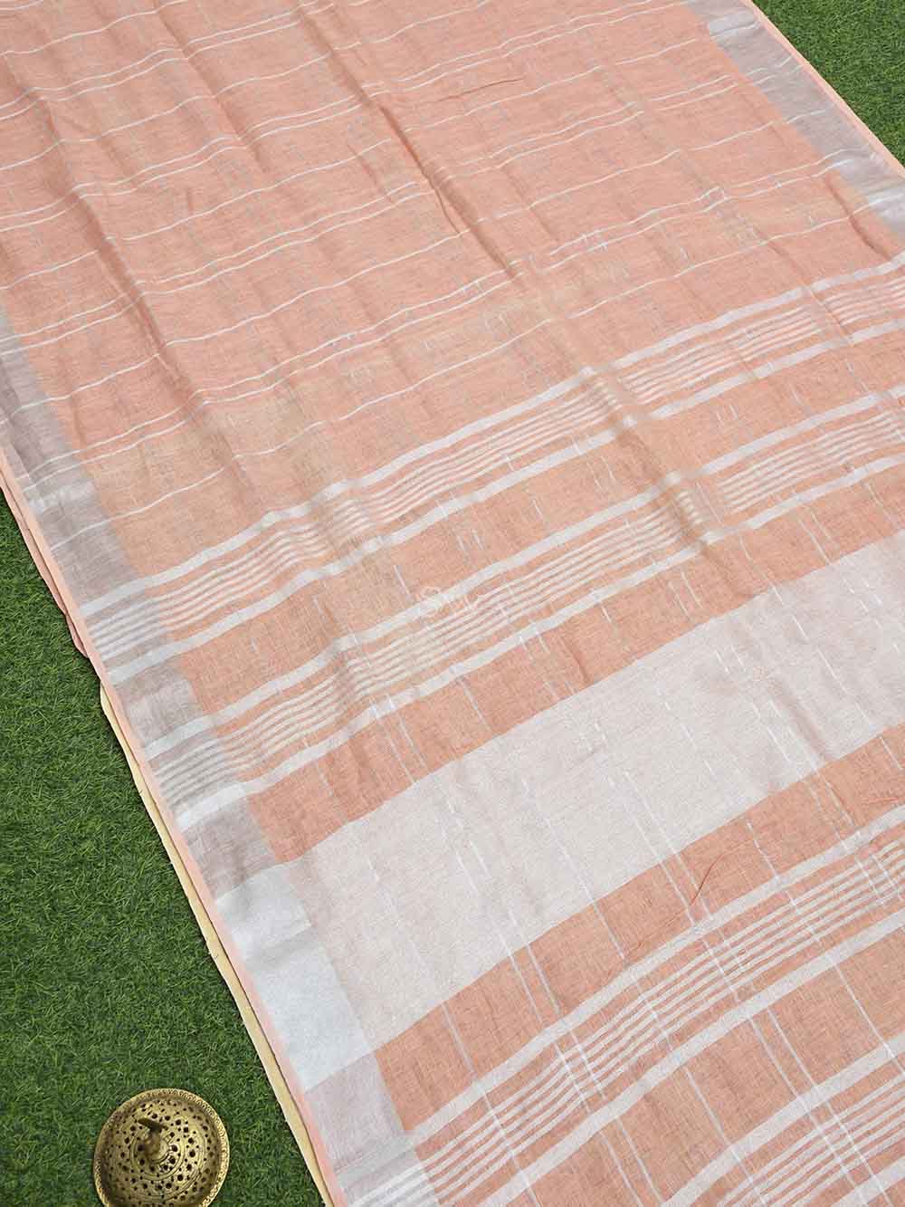 Coral Peach Linen Check Handloom Banarasi Saree - Sacred Weaves