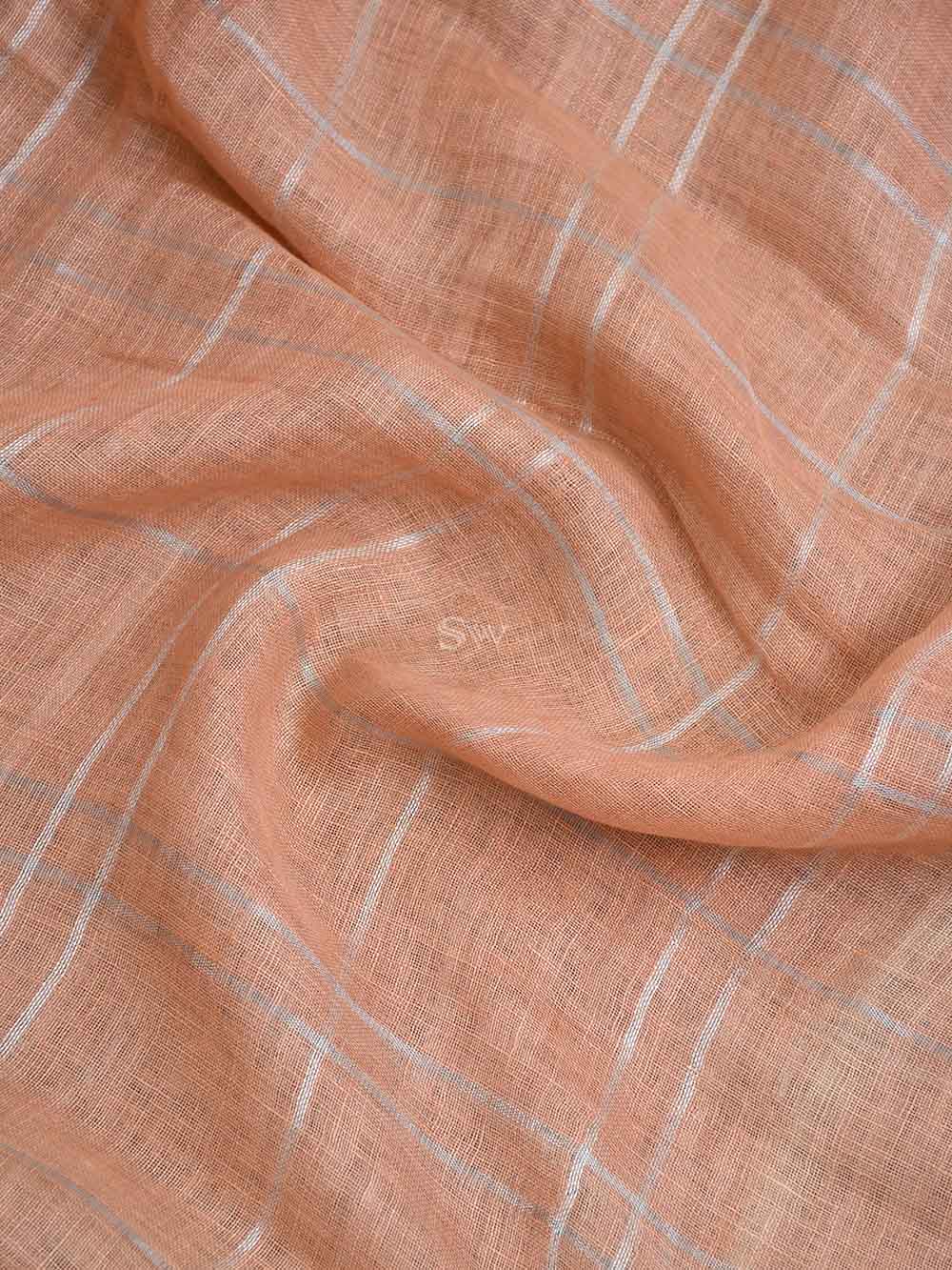Coral Peach Linen Check Handloom Banarasi Saree - Sacred Weaves