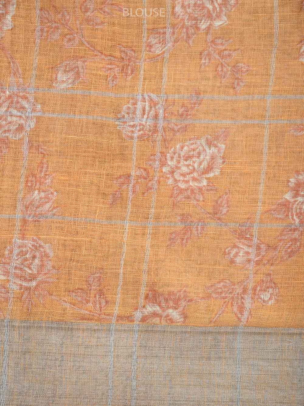 Coral Peach Linen Check Handloom Banarasi Saree - Sacred Weaves
