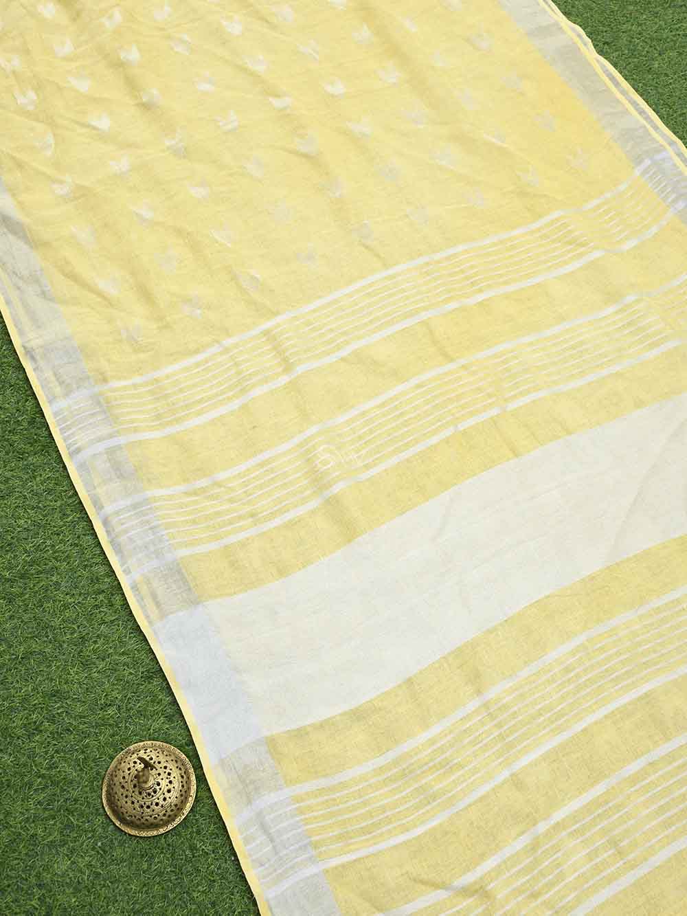 Light Yellow Linen Check Handloom Banarasi Saree - Sacred Weaves