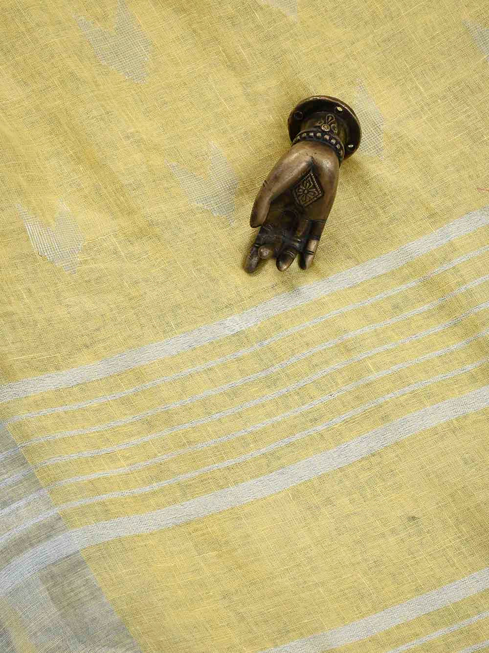 Light Yellow Linen Check Handloom Banarasi Saree - Sacred Weaves