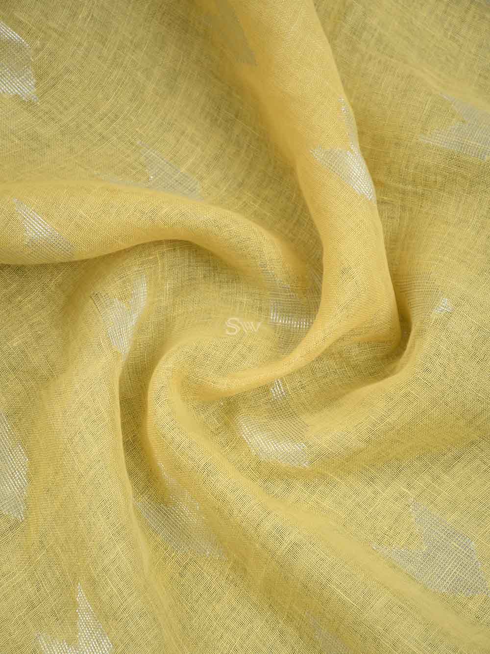 Light Yellow Linen Check Handloom Banarasi Saree - Sacred Weaves