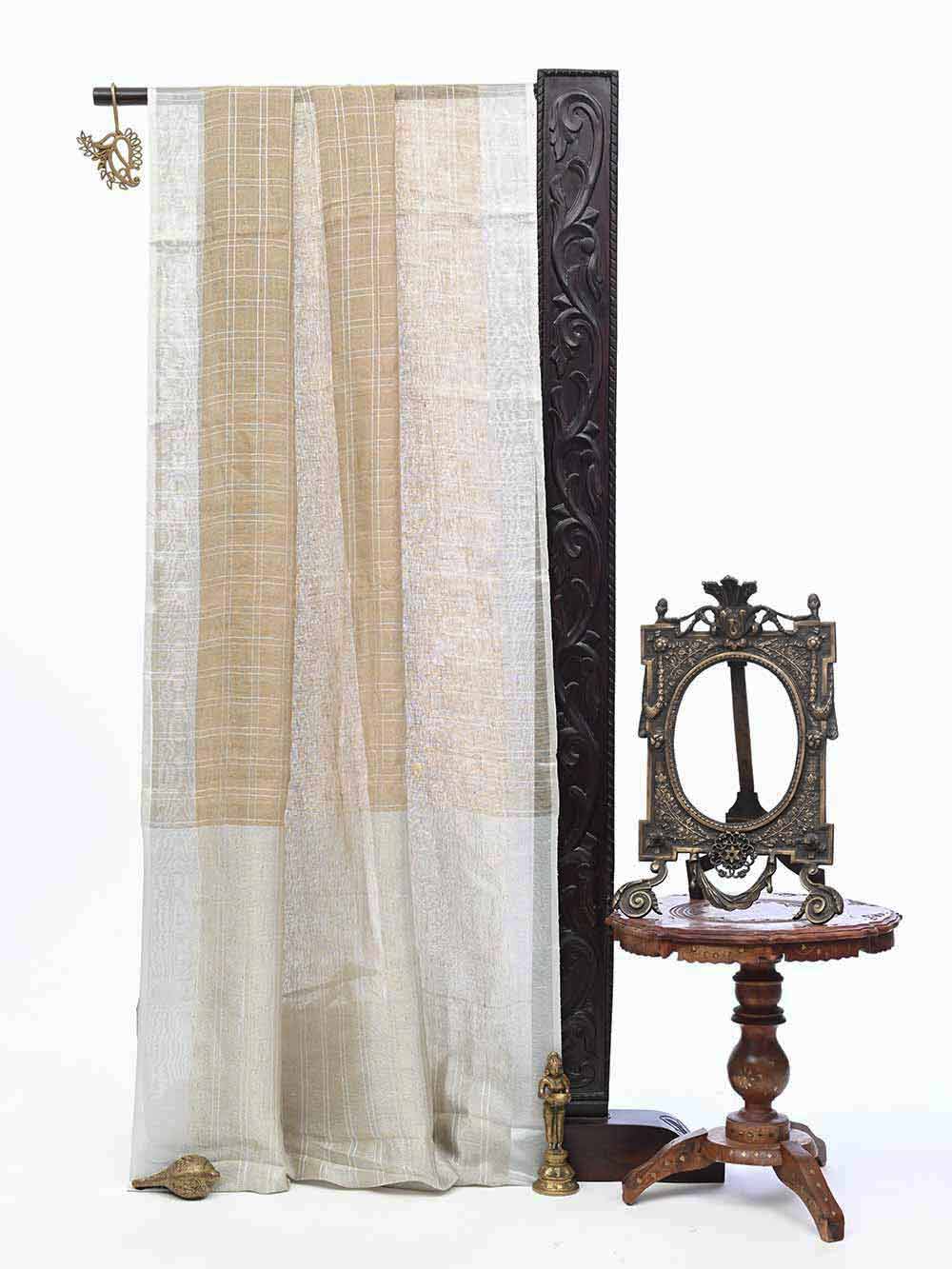 Dark Beige Linen Check Handloom Banarasi Saree - Sacred Weaves
