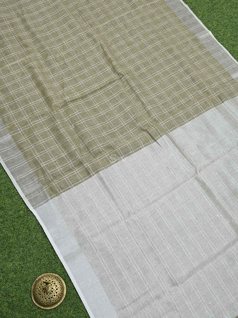 Dark Beige Linen Check Handloom Banarasi Saree - Sacred Weaves