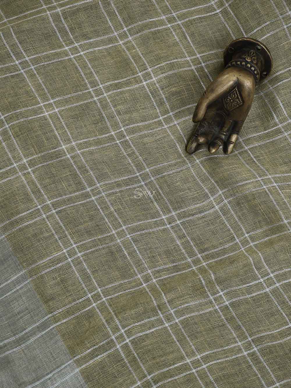 Dark Beige Linen Check Handloom Banarasi Saree - Sacred Weaves
