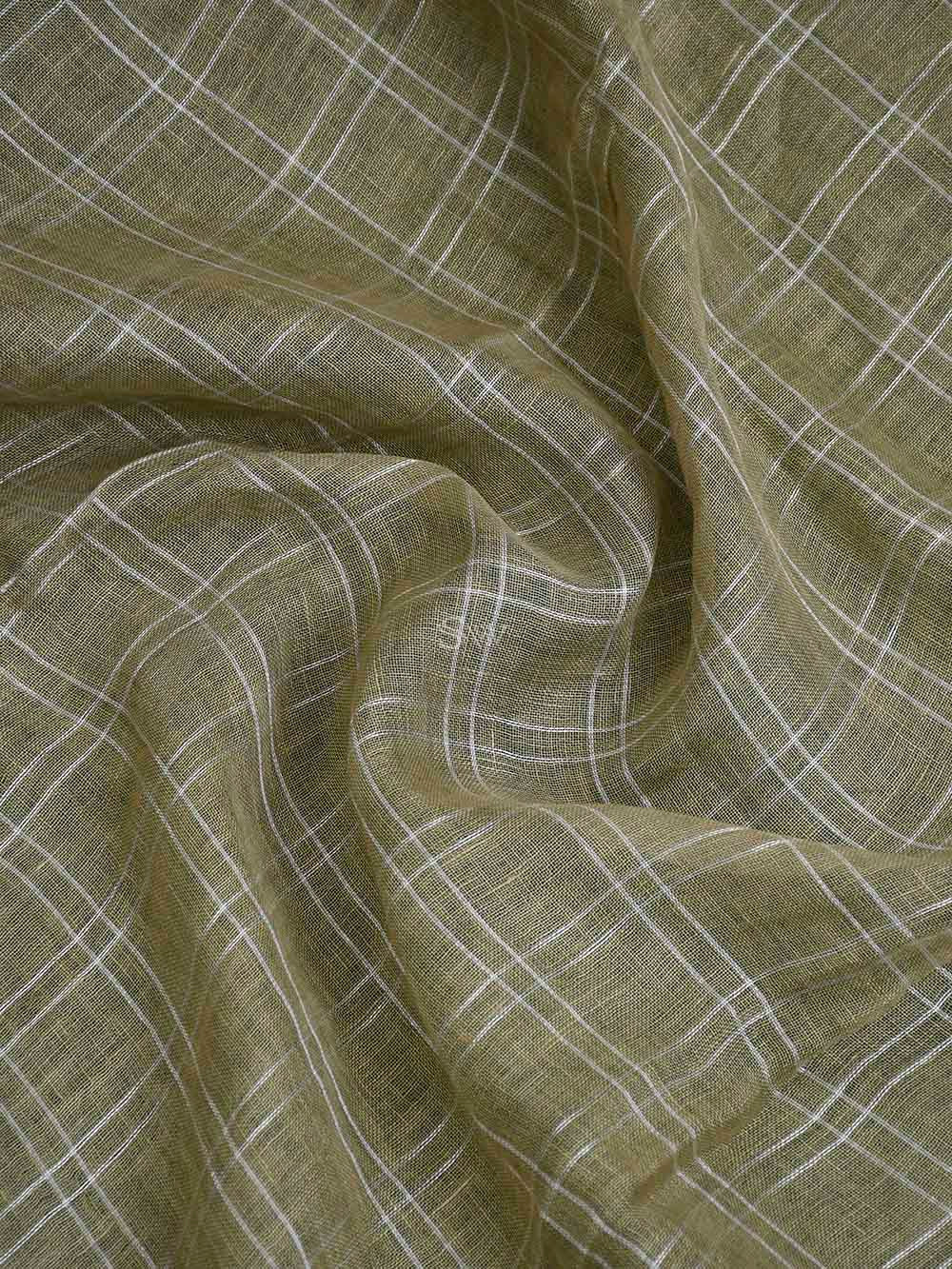 Dark Beige Linen Check Handloom Banarasi Saree - Sacred Weaves