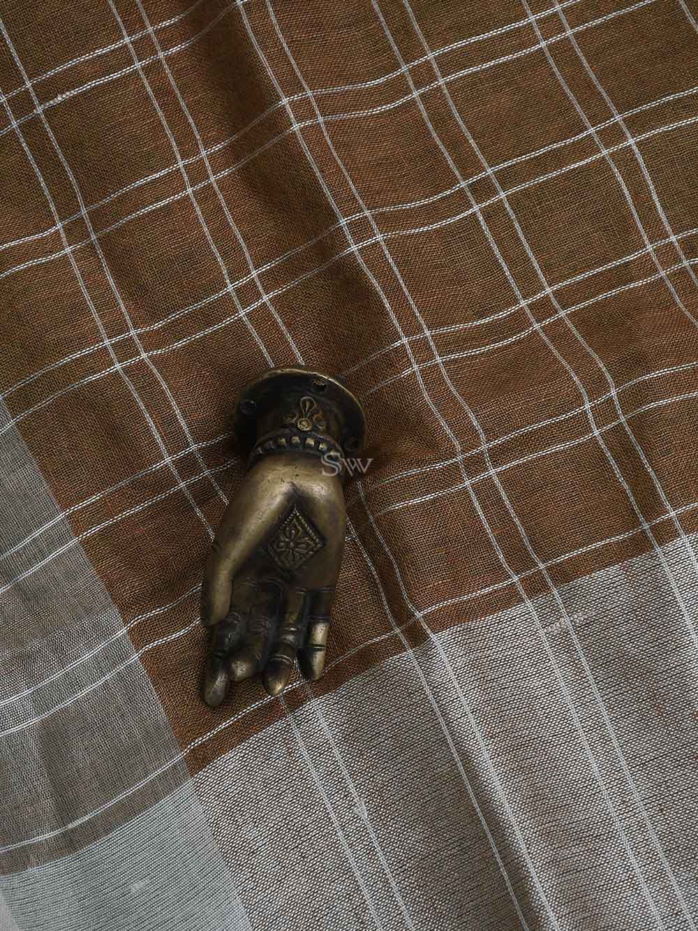 Brown Linen Check Handloom Banarasi Saree - Sacred Weaves