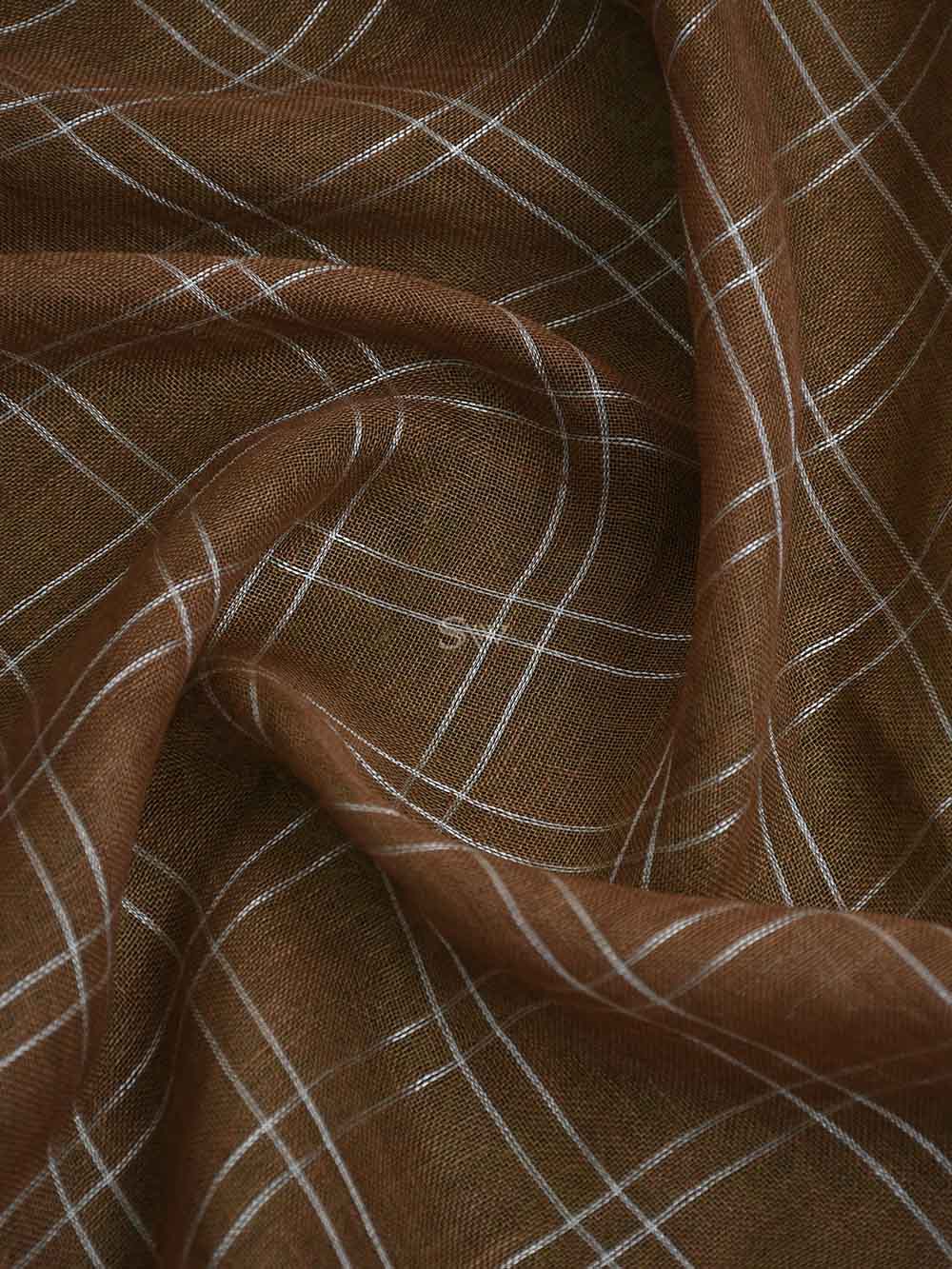 Brown Linen Check Handloom Banarasi Saree - Sacred Weaves