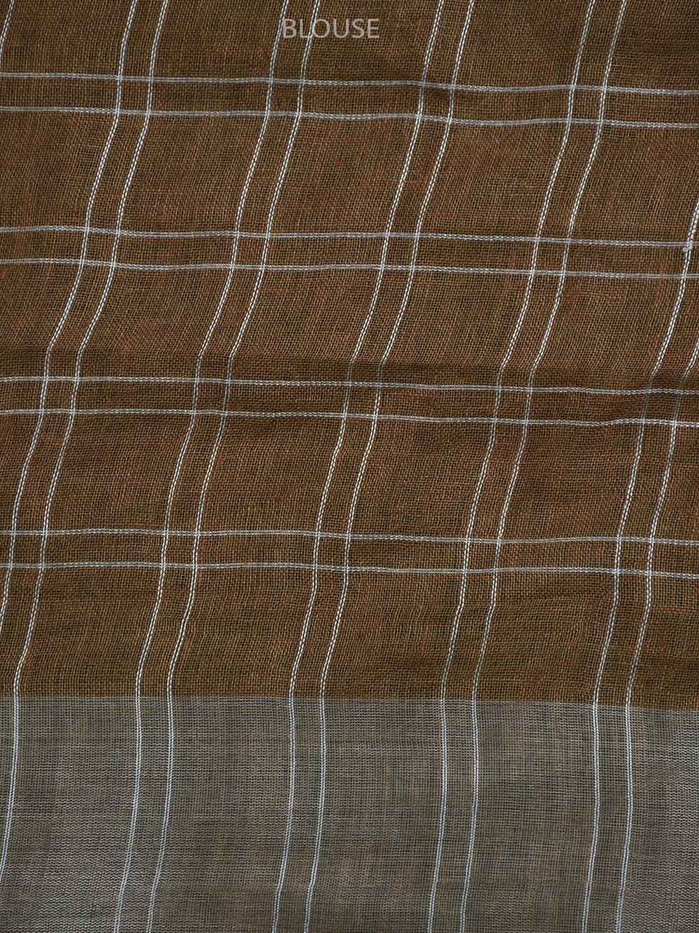 Brown Linen Check Handloom Banarasi Saree - Sacred Weaves