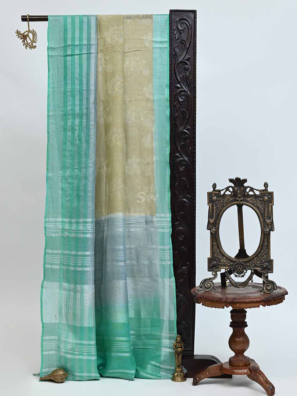 Beige Blue Linen Handloom Banarasi Saree - Sacred Weaves