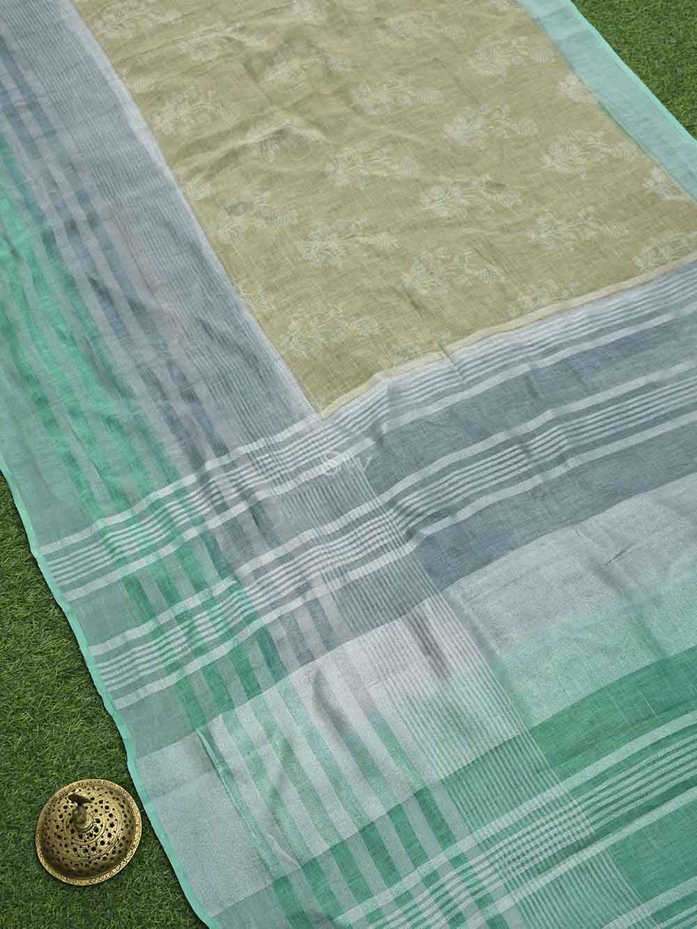 Beige Blue Linen Handloom Banarasi Saree - Sacred Weaves