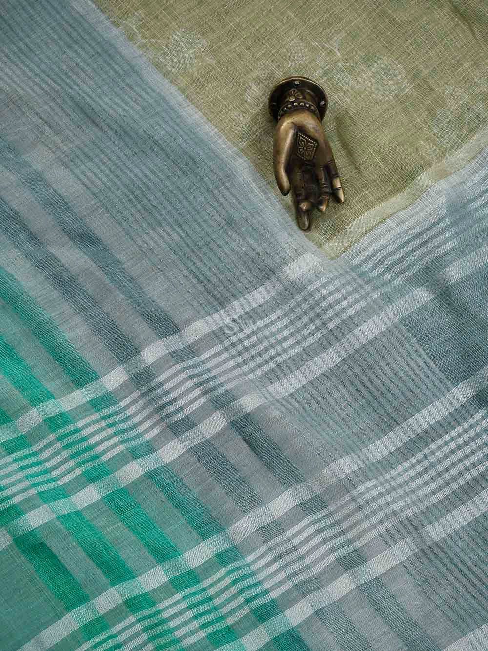 Beige Blue Linen Handloom Banarasi Saree - Sacred Weaves