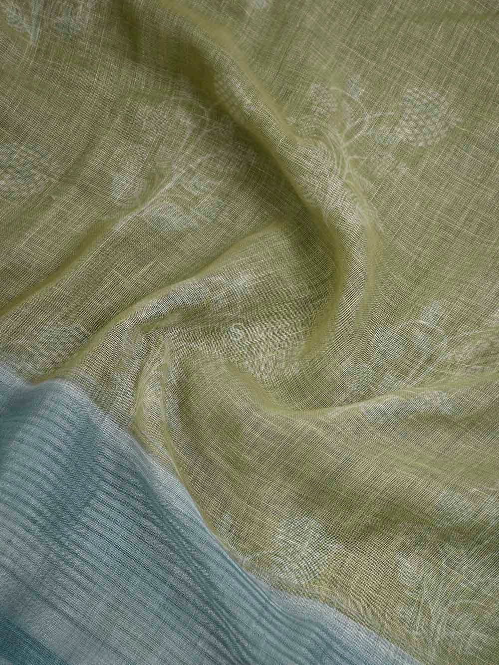 Beige Blue Linen Handloom Banarasi Saree - Sacred Weaves